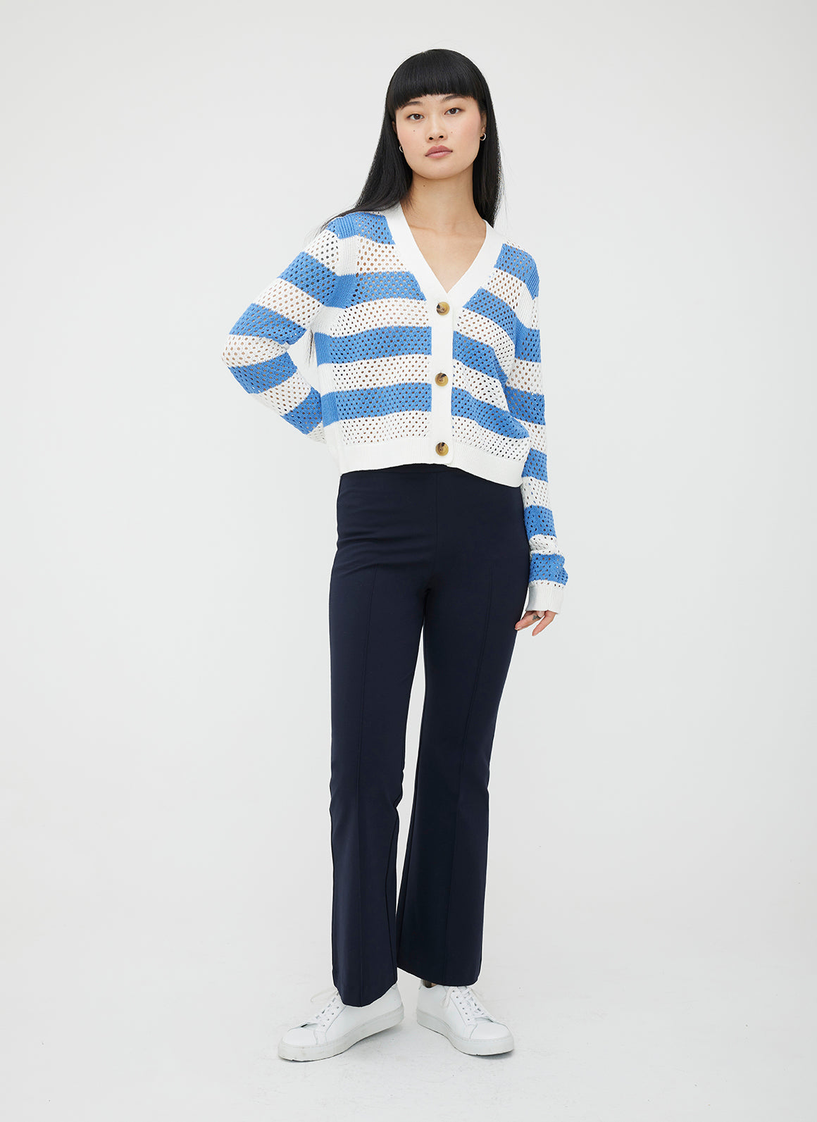 Essex Cropped Pointelle Cardigan ?? || Off White/Mid Blue Stripe