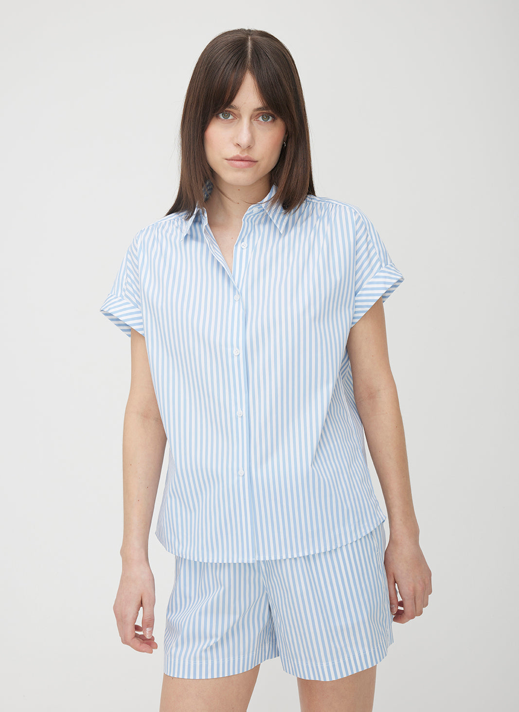 Marbella Short Sleeve Shirt ?? | S || Bright White/Cool Blue Stripe