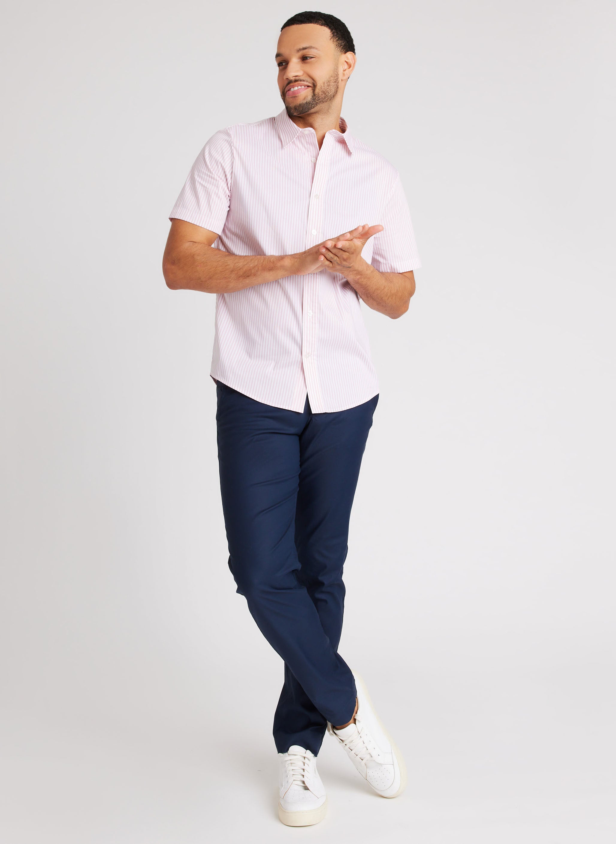 Stay Cool Poplin Short Sleeve Shirt ?? Model:: Emerson | M || Camelia/Bright White Stripe