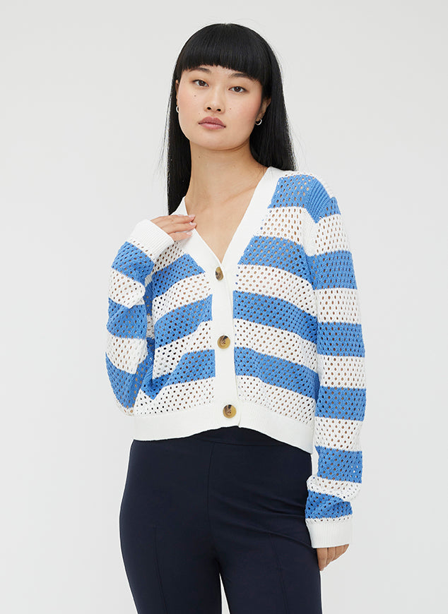 Essex Cropped Pointelle Cardigan ?? | S || Off White/Mid Blue Stripe