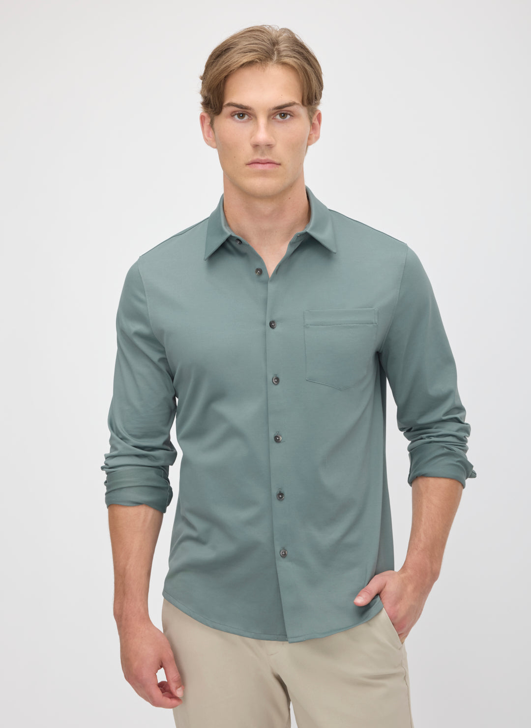 KMT10392CityTechClassicFitBirdseyeShirtSpruceGreenBirdseye_085