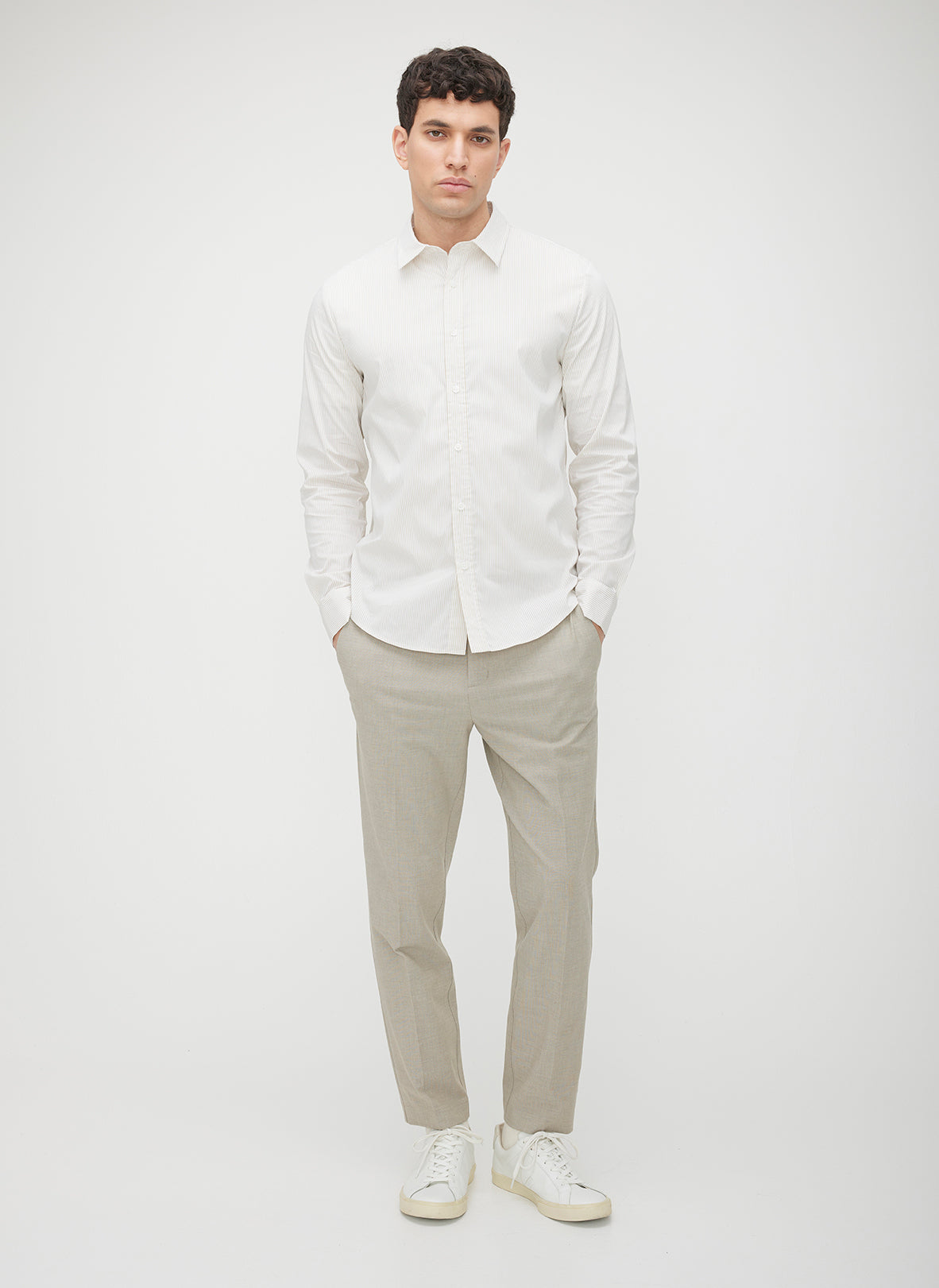 Acadia Long Sleeve Poplin Shirt ?? | M || Bright White/Sand Dune Stripe