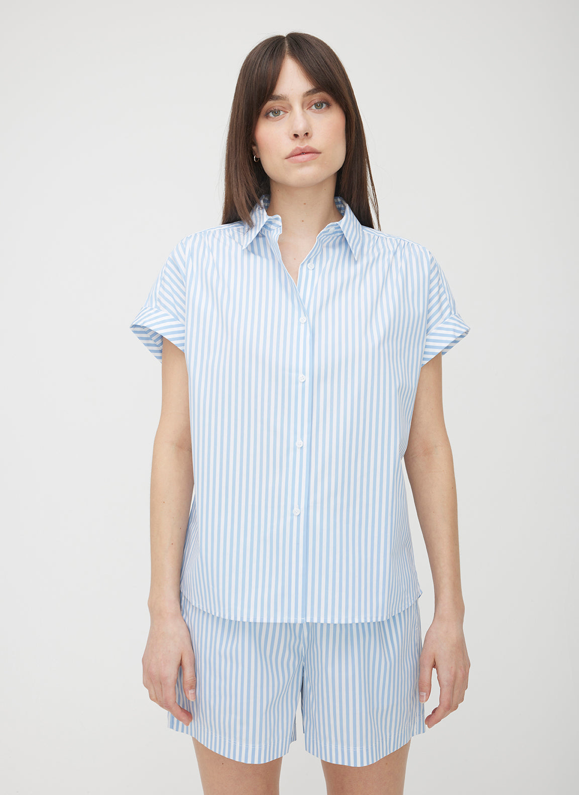 Marbella Short Sleeve Shirt ?? | S || Bright White/Cool Blue Stripe