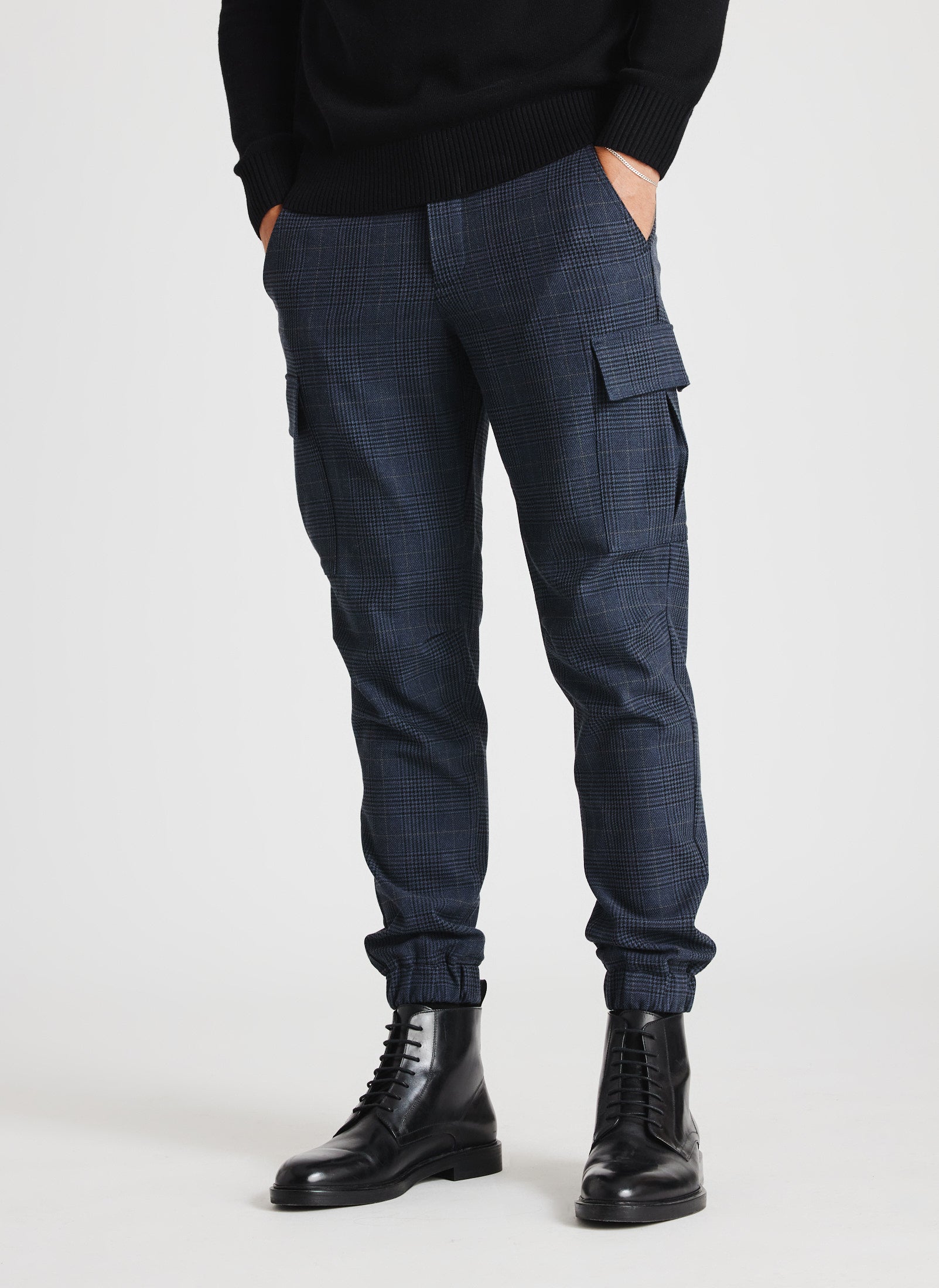 Recycled Suiting Cargo Pants ?? Model:: Adryan | 32 || Navy Glen Plaid