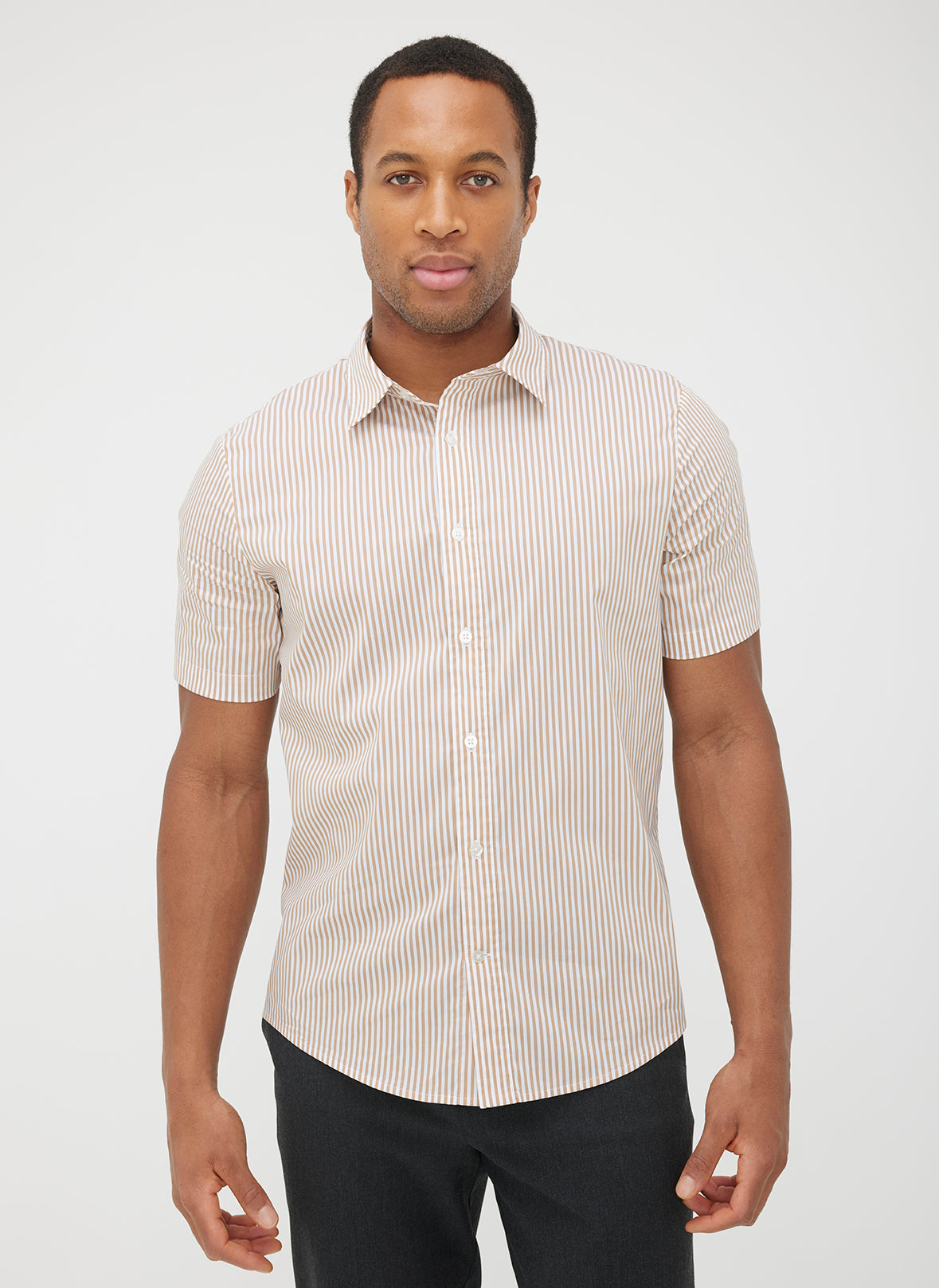 Stay Cool Poplin Short Sleeve Shirt ?? Model:: Emerson | M || Bone Brown/Bright White Stripe