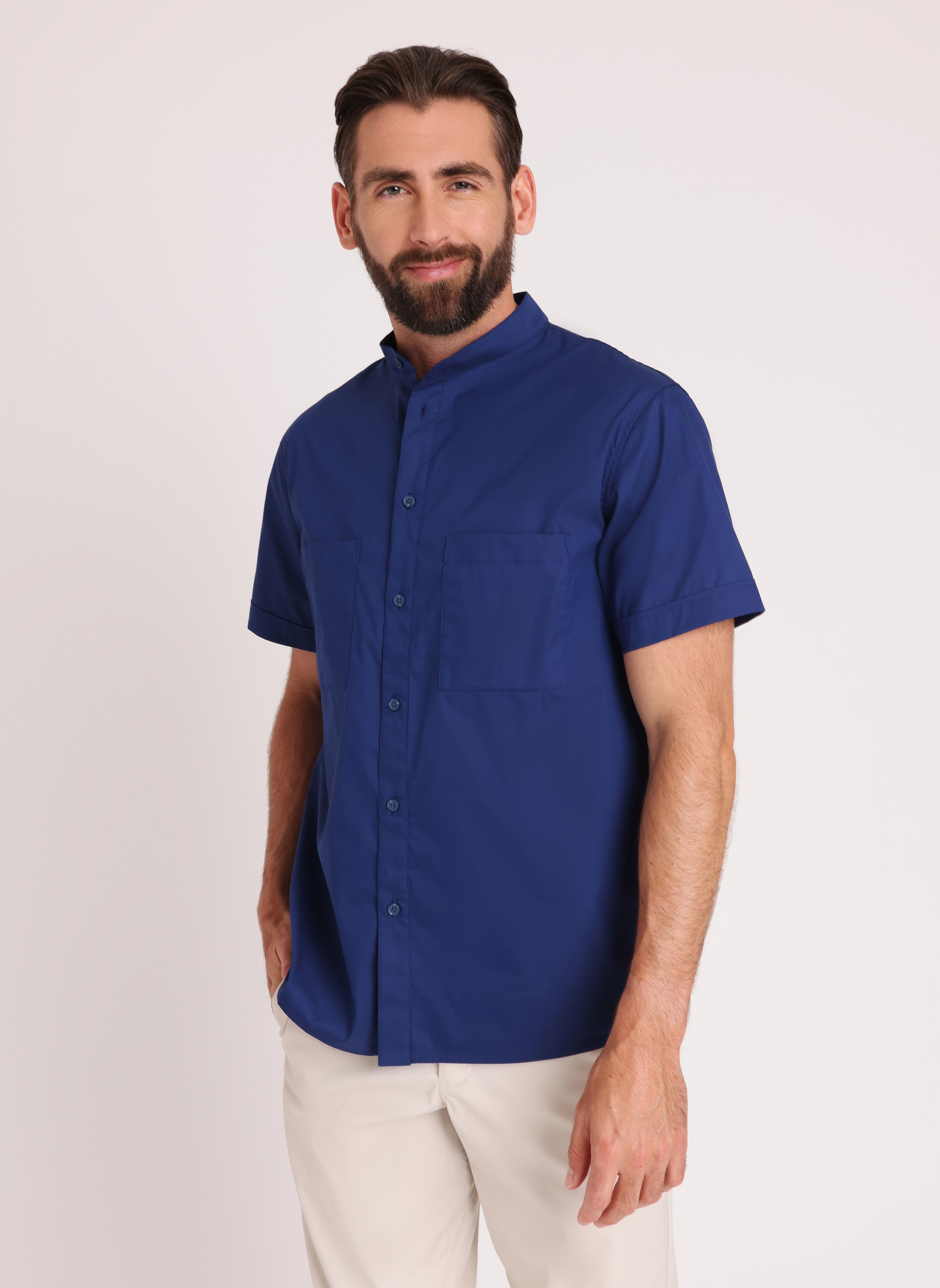 Stay Cool Collarless Short Sleeve Shirt ?? Model:: Ronan | M || Deep Blue