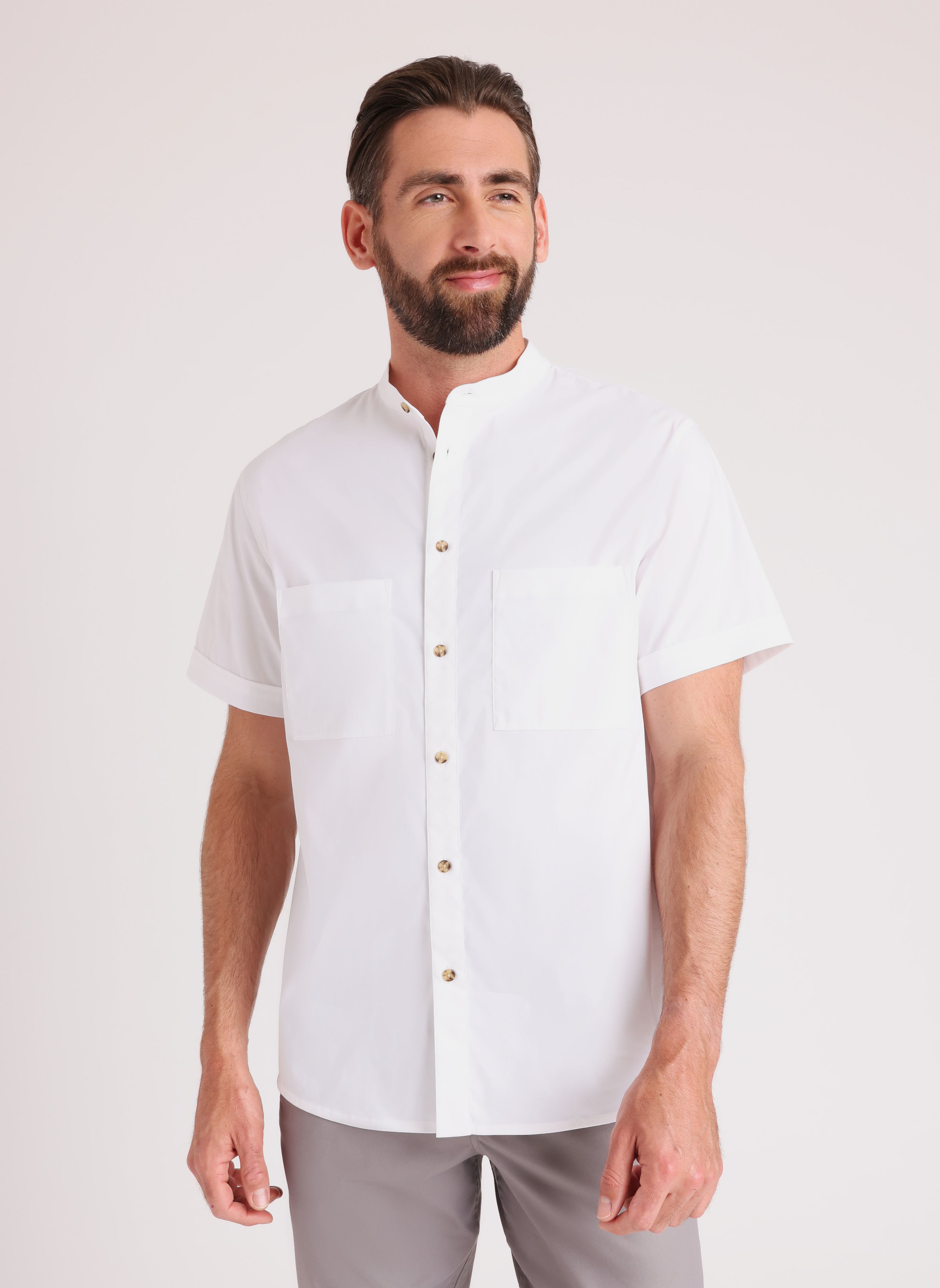 Stay Cool Collarless Short Sleeve Shirt ?? Model:: Ronan | M || Bright White